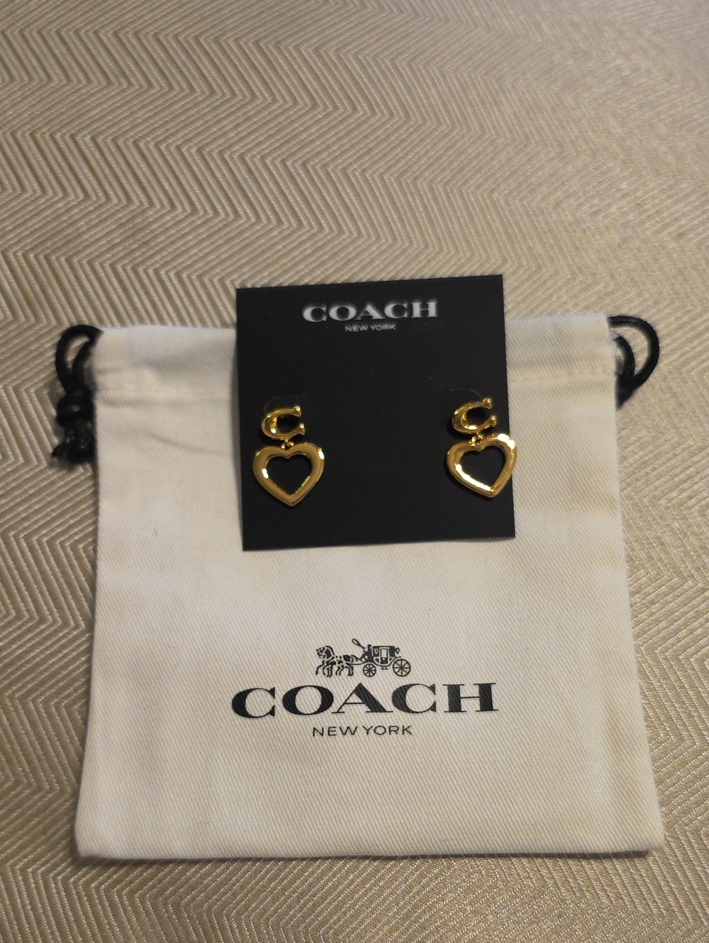 Coach Gold Heart Drop Earrings with Signature C Motif